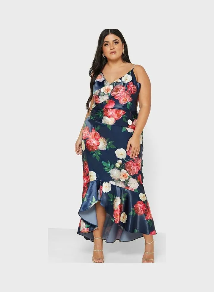 Floral Print Ruffle Hem Dress Navy