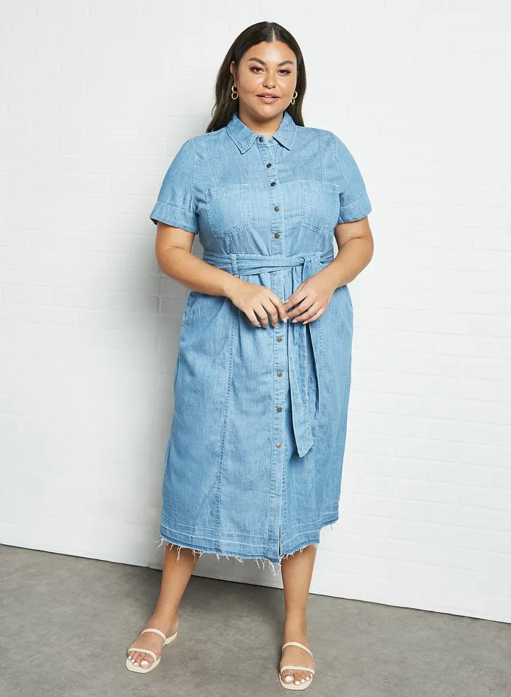 Plus Size Denim Shirt Dress Blue