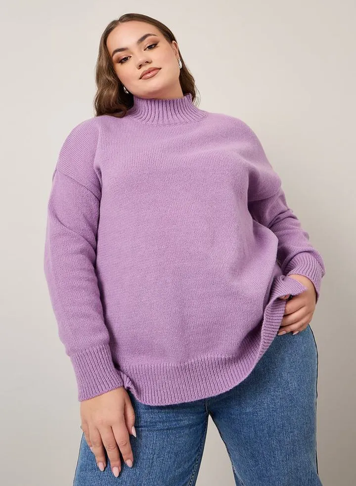 Solid High Neck Sweater With Side Slits