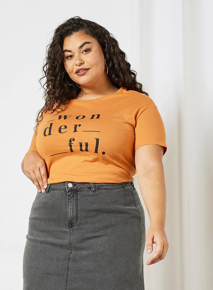 Plus Size Text Print T-Shirt Orange