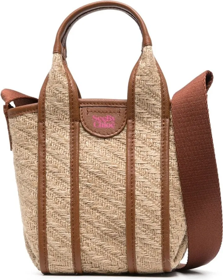 Leather-Trimmed Jute Tote Bag