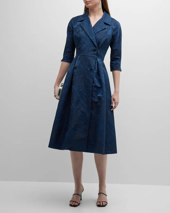 Double-Breasted Floral Jacquard Coat Dress