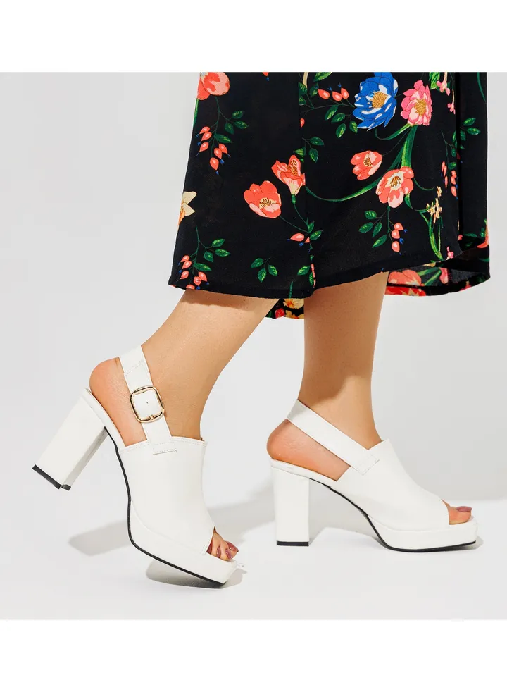 Sandal Heels Leather Buckle Closure H-10 - White