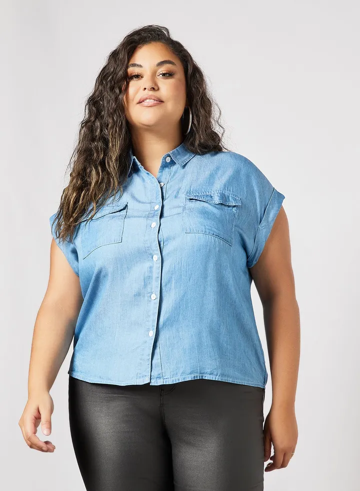 Plus Size Pocket Shirt Blue