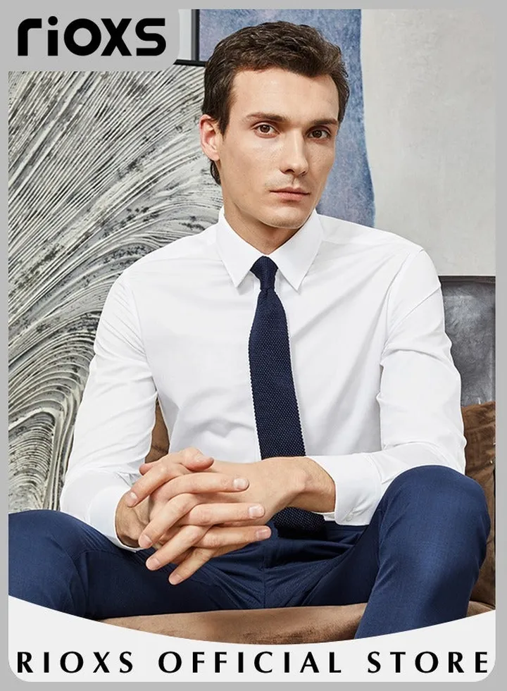 Men's White Long Sleeve Dress Shirt Wrinkle Free Business Formal Shirt Slim Fit Button Down Shirt With Pocket