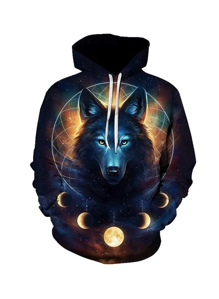 Wolf Printed Hoodie Blue/Yellow/Black