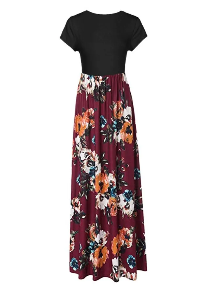 Floral Printed Maxi Dress Burgundy/Black/White