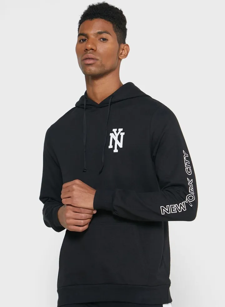 NY Print Hooded Neck Long Sleeve Hoodie Black