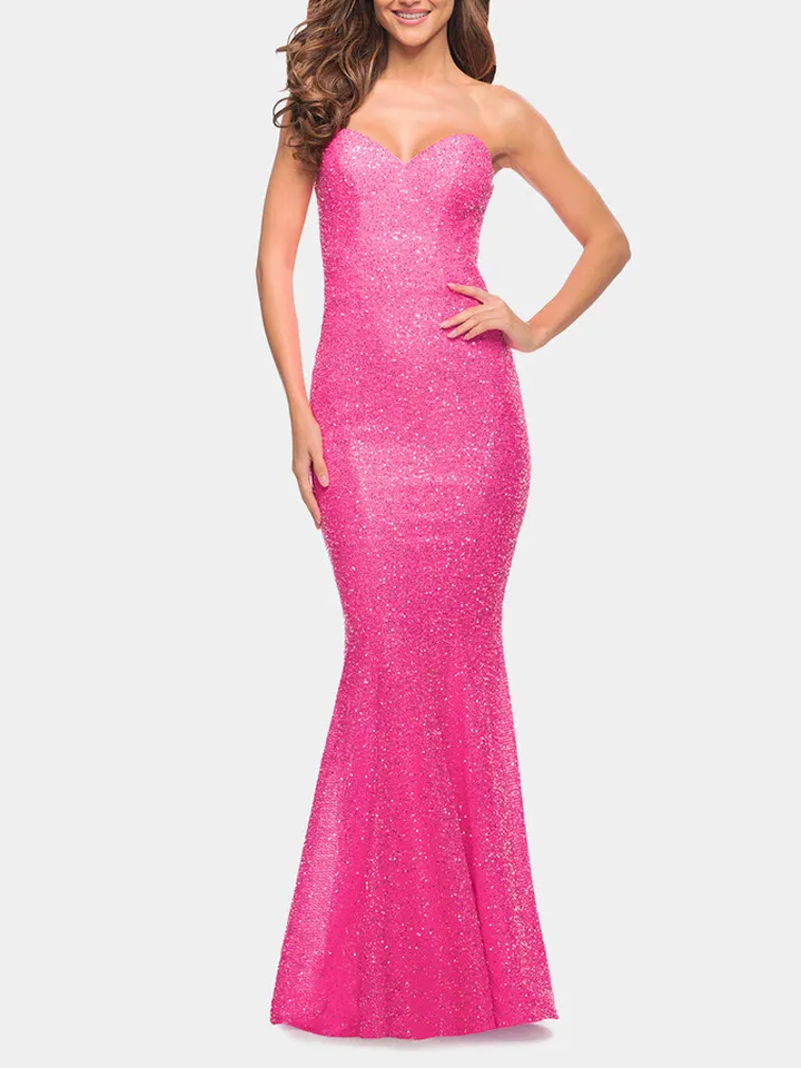 Neon Pink Long Sequin Strapless Gown