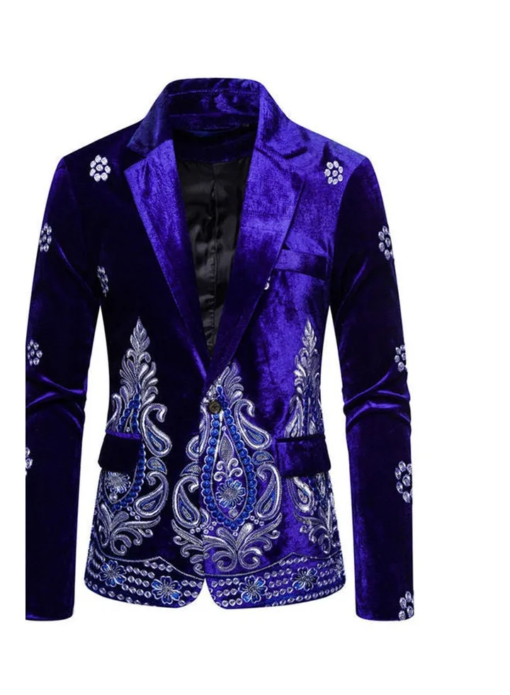 Velvet Suit V-Neck Lapel Embroidery Floral Coat Royal blue