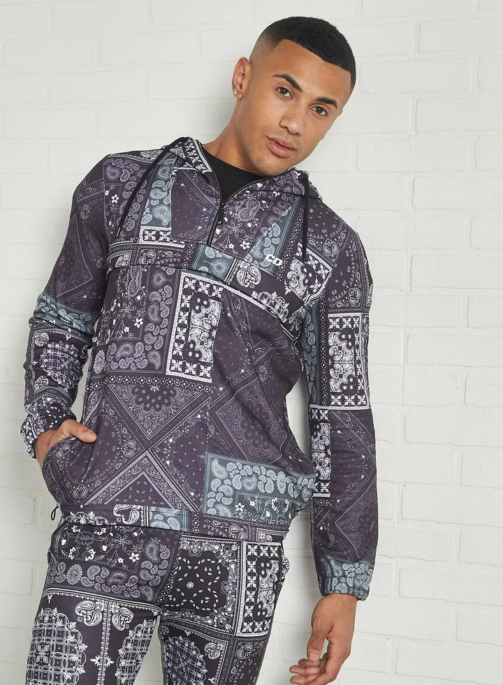Printed Half Zip Hoodie Black/White