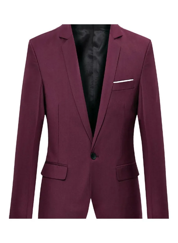 Fashion Men Solid Colour Long Sleeve Lapel Slim Fit Blazer Suit Coat Outwear Wine Red