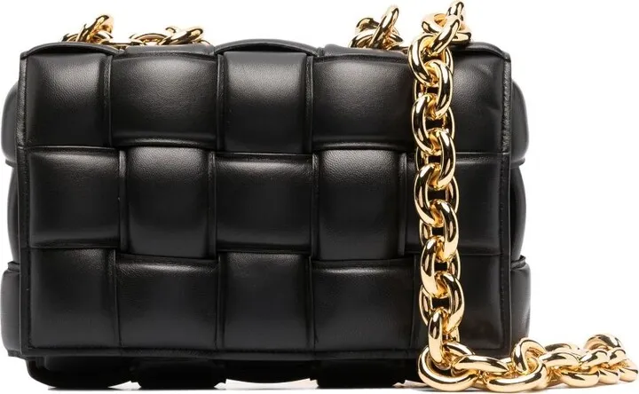 Black Padded Chain Cassette Leather Shoulder Bag