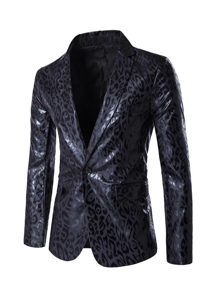 Lapel Leopard One Button Long Sleeve Blazer Black