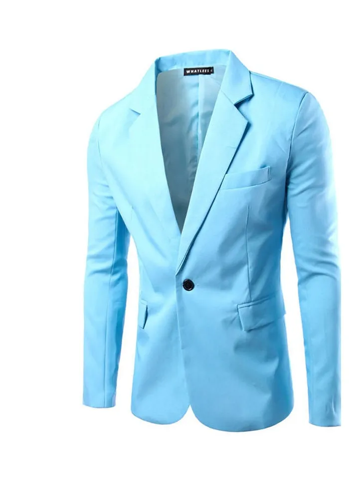 Single Button Lapel Casual Blazer Coat Light Blue