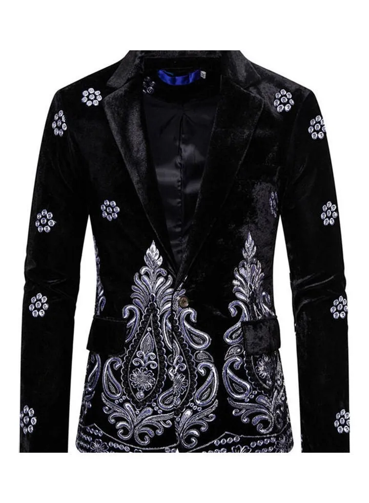 Single Button Embroidered Suit Black