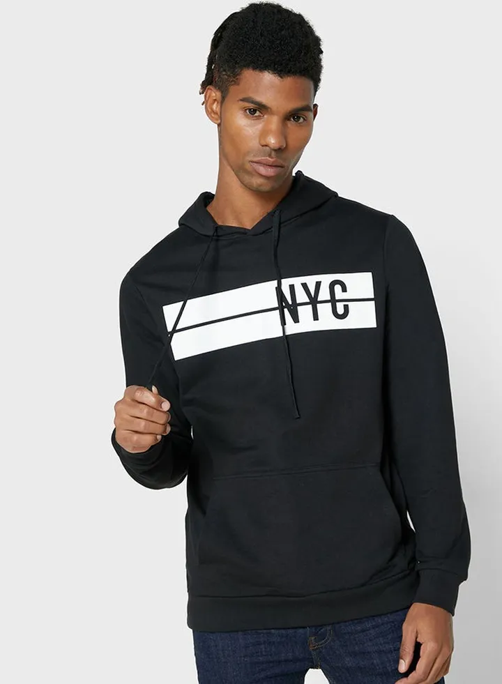 Pocket Detail Printed Hoodie Black/White