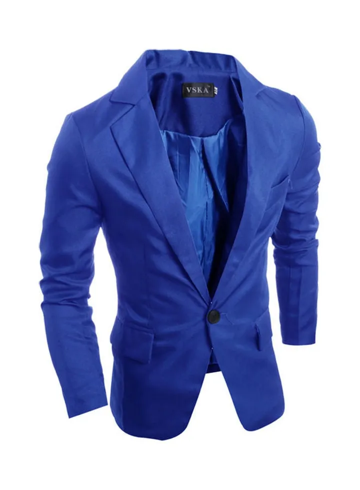 Slim Single button Lapel Suit V-neck Casual Wedding Groom Coat Royal Blue