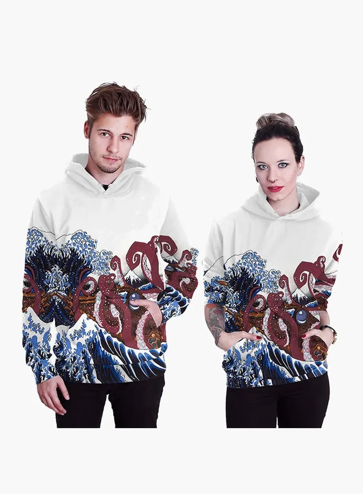 3D Printing Long Sleeve Hoodie White/Brown/Blue