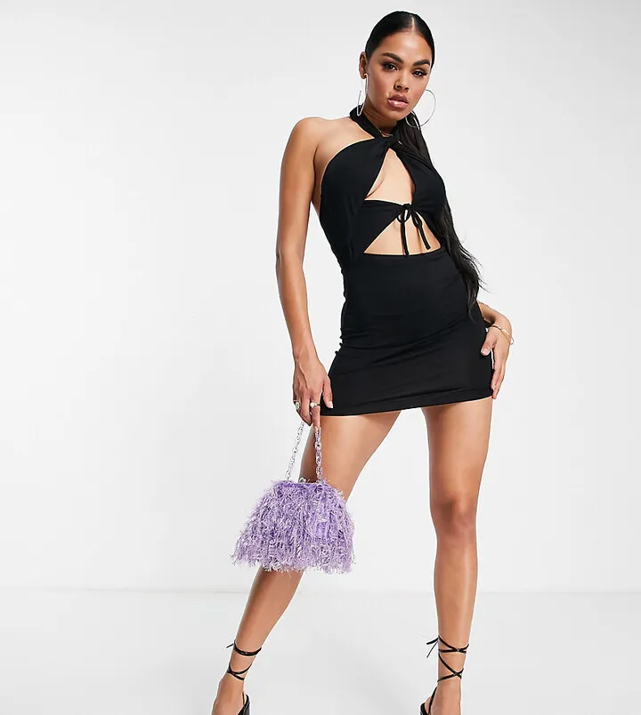 ASYOU cross halter neck cut out mini dress in black