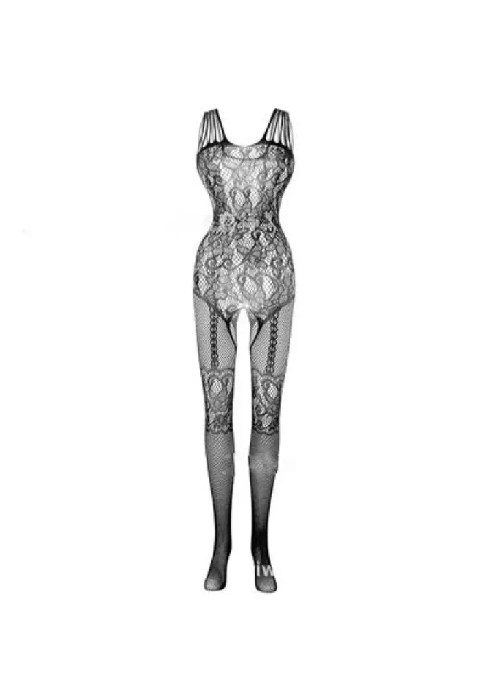 Suspender Mesh Lingerie One-Piece Black