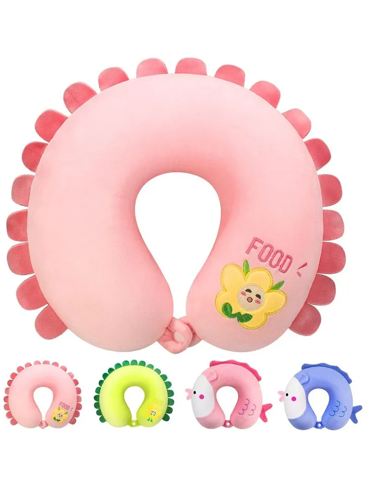 SYOSI U-Shaped Memory Foam Travel Pillow, Neck Support Pillow, Comfortable Cartoon Neck Cushion for Traveling, Headrest Airplane Pillow for Adults, Kids (Pink)