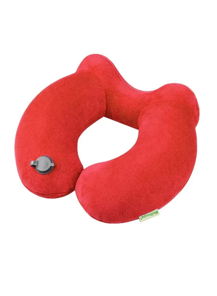 Inflatable Neck Pillow Travel Airplane Pillow With Ear Plugs Eye Mask And Drawstring Bag Red