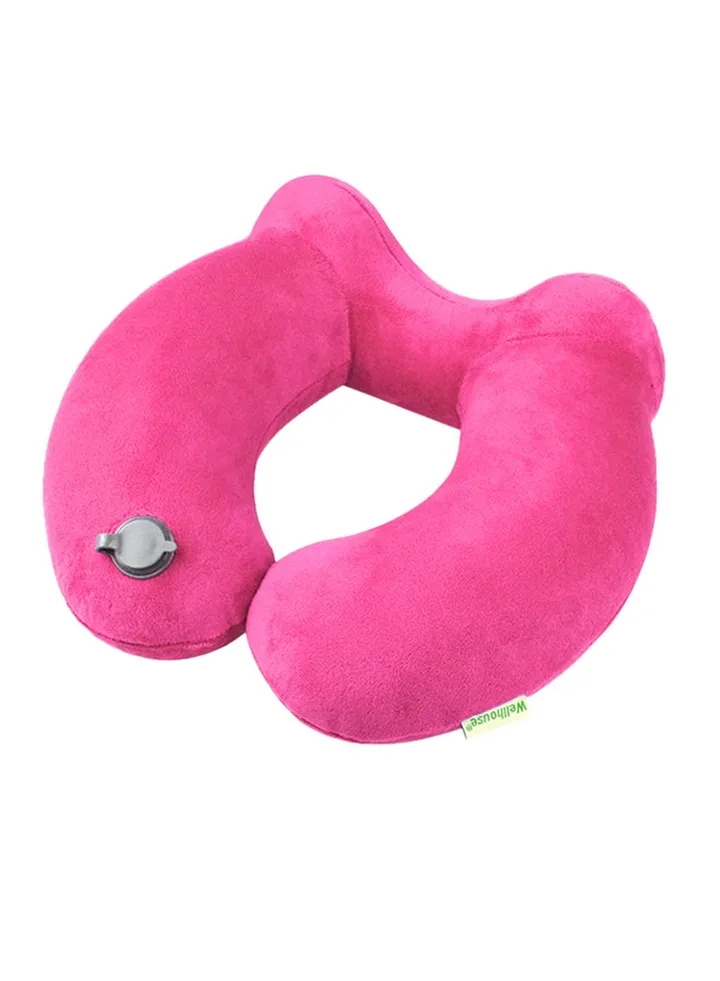 Inflatable Neck Pillow Travel Airplane Pillow With Ear Plugs Eye Mask And Drawstring Bag Pink