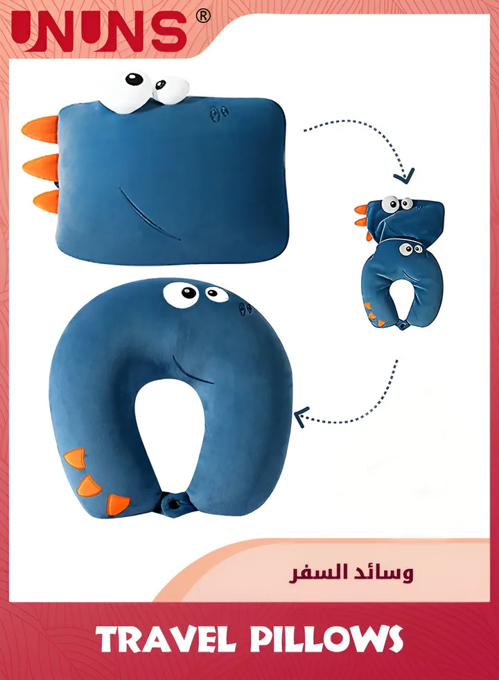 Neck Pillows For Travel,Animal Shaped 2-In-1 Transforming Plush Travel Pillow For Airplane And Car Journeys,Adorable U-Shaped Headrest And Neck Support For Kids And Adults,Navy Dinosaur