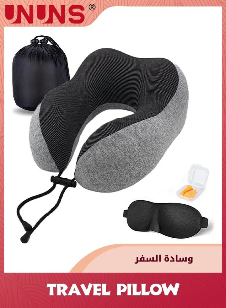 Travel Pillow,100% Pure Memory Foam Neck Pillows For Travel Sleeping Rest,Airplane Car and Home Use,Travel Neck Pillow With Storage Bag, Sleep Mask And Earplugs,Grey
