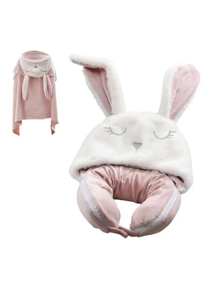 SYOSI, Travel Neck Pillow Blanket, Pillows and Blanket 2 in 1, for Long Flight Fleece Soft Large Essentials Airplane with Hat Keep, Car Train