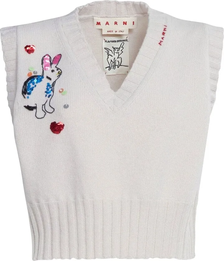 embroidered V-neck wool vest