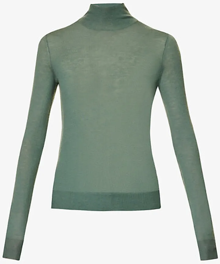 Womens Dark Sage High-neck Fine-knit Cashmere top
