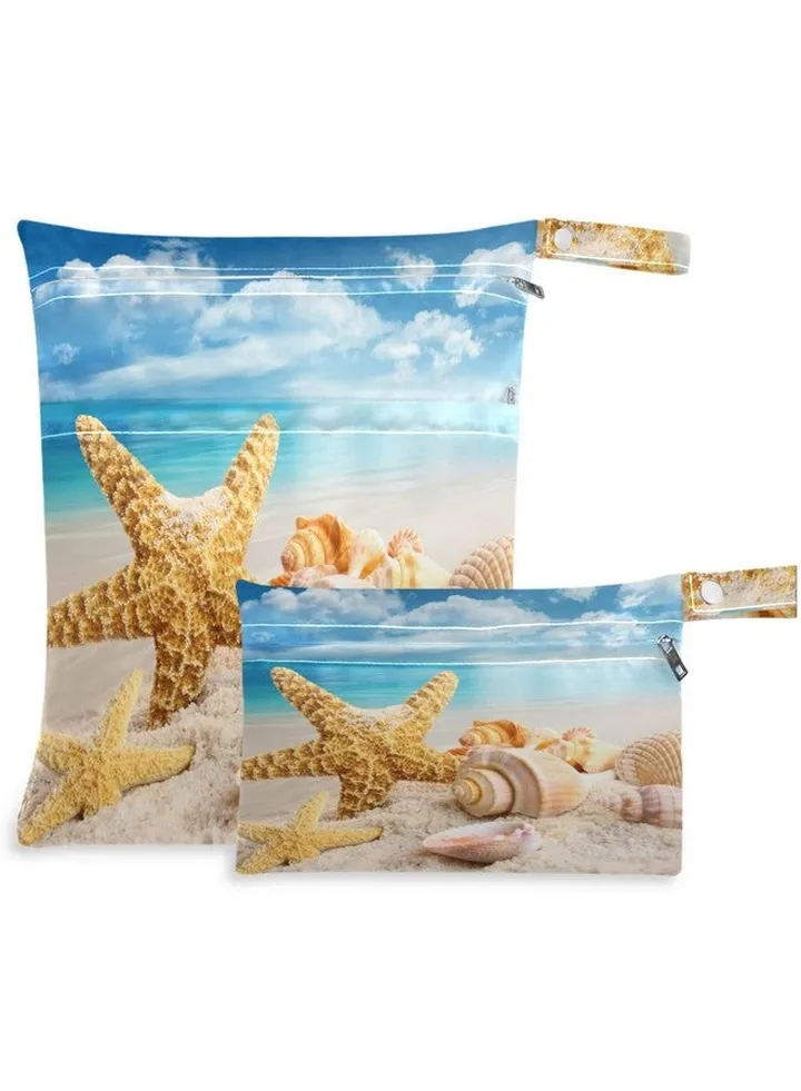2Pcs Wet Bag With Zippered Pockets Starfish Shell Washable Reusable Roomy Diaper Bag For Travel Beach Pool Daycare Stroller Diapers Dirty Gym Clothes Wet Swimsuits Toiletries
