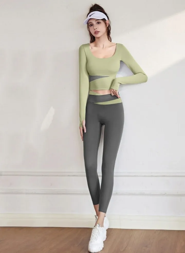 Ladies color matching long-sleeved yoga suit tight-fitting exercise quick-drying exercise sportswear gym fitness clothing