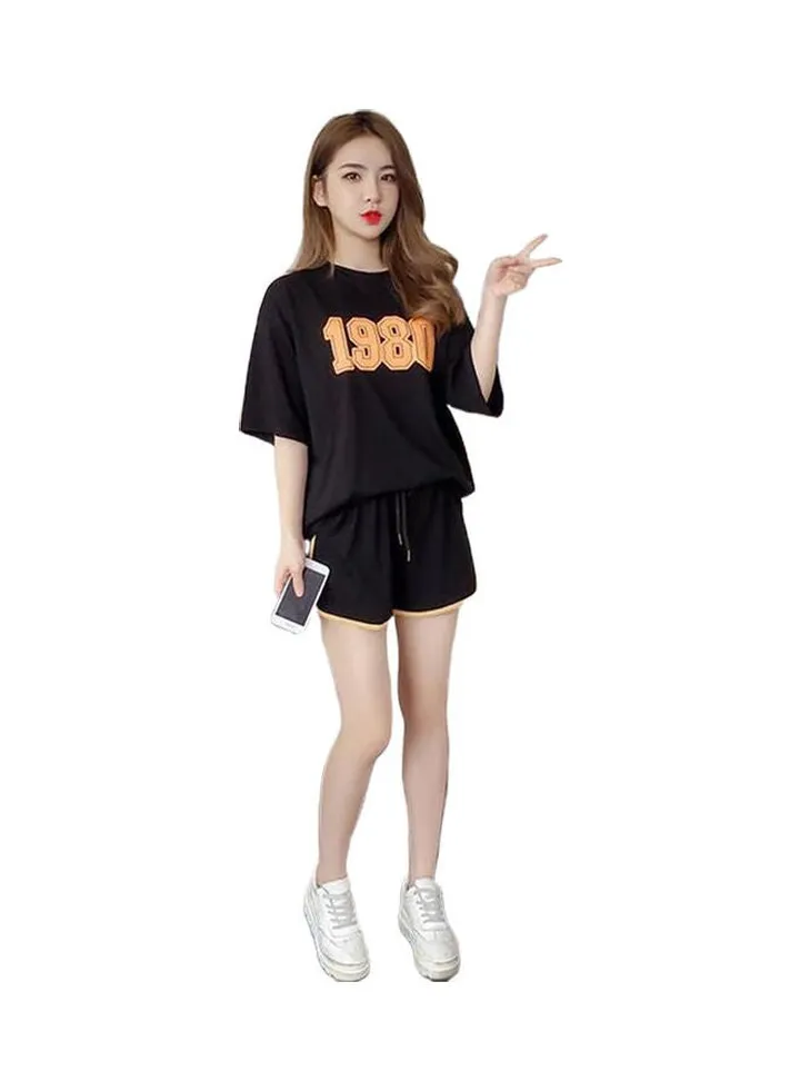 Printed Pattern Running T-Shirt With Shorts Black/Orange