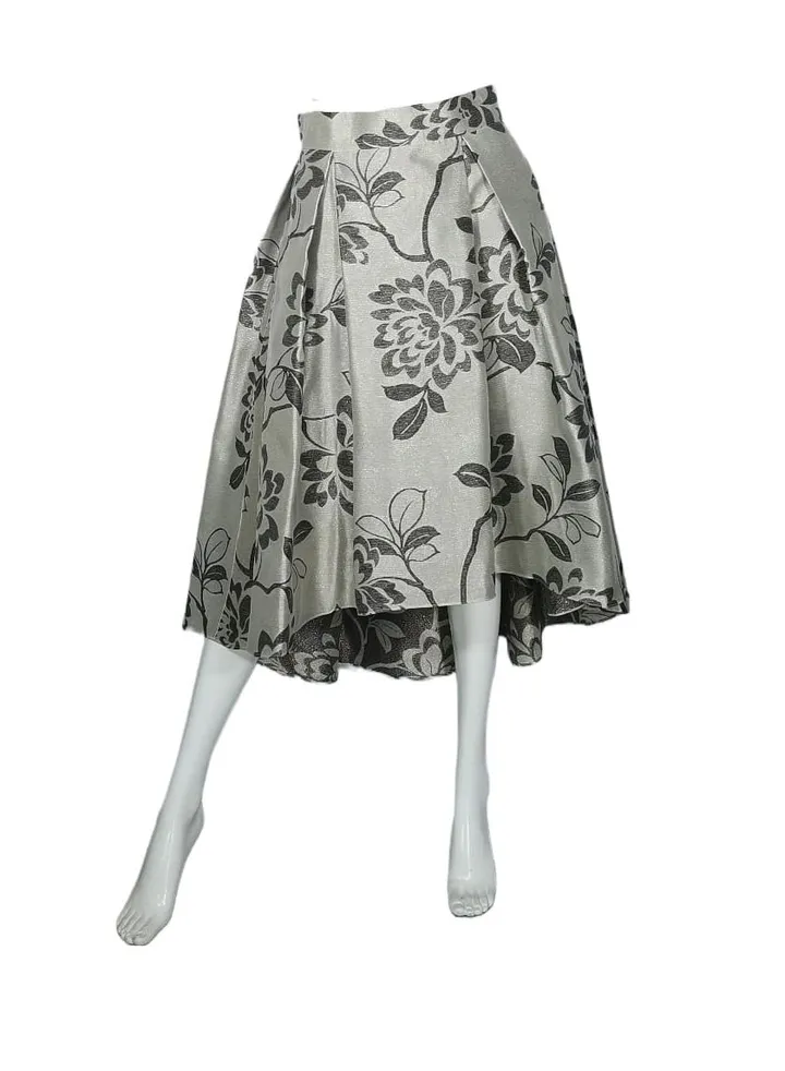 Champagne With Black Floral Jacquard Box Pleated Skirts