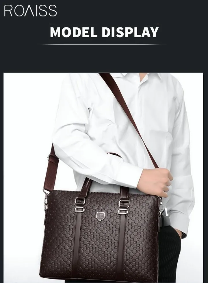 Classic Briefcase Textured Leather Laptop Messenger Bag for Men Travel Business Leather Lawyers Briefcase Shoulder Laptop Slim Bags Brown