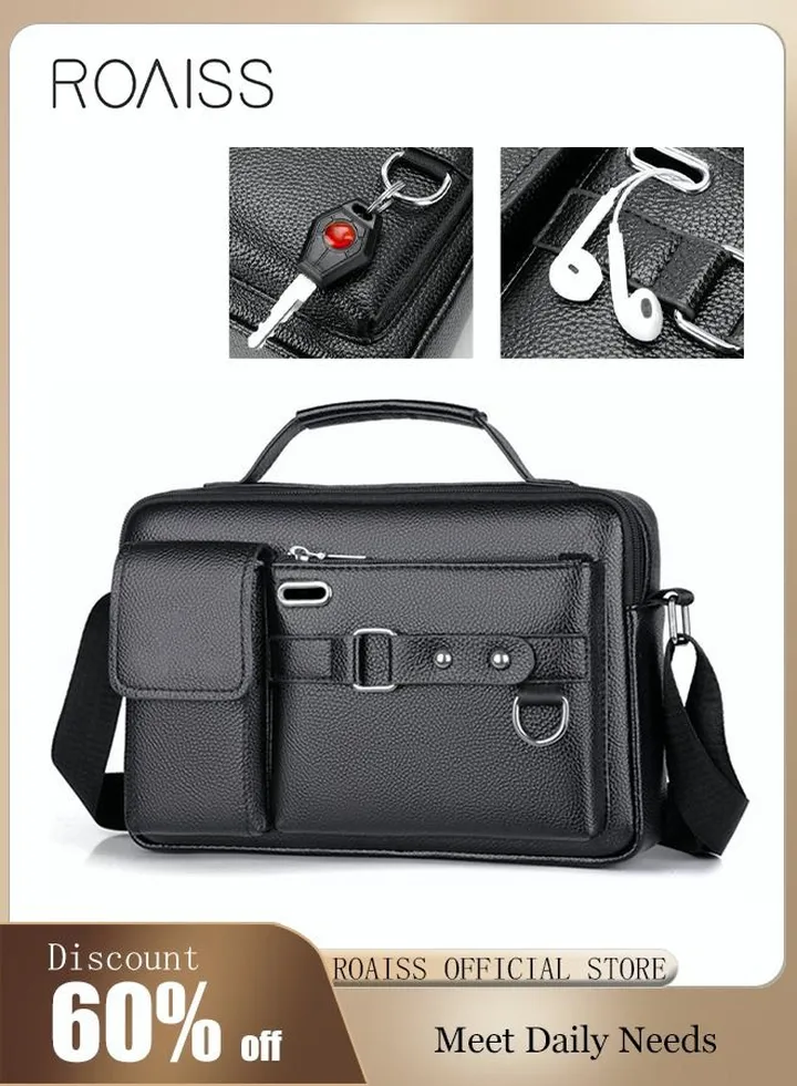 Business Messenger Shoulder Bag PU Leather Retro Chic Handbag Casual Portable Zipper Crossbody Shoulder Bag Husband Gift for Men Travel Work Office Dark Black