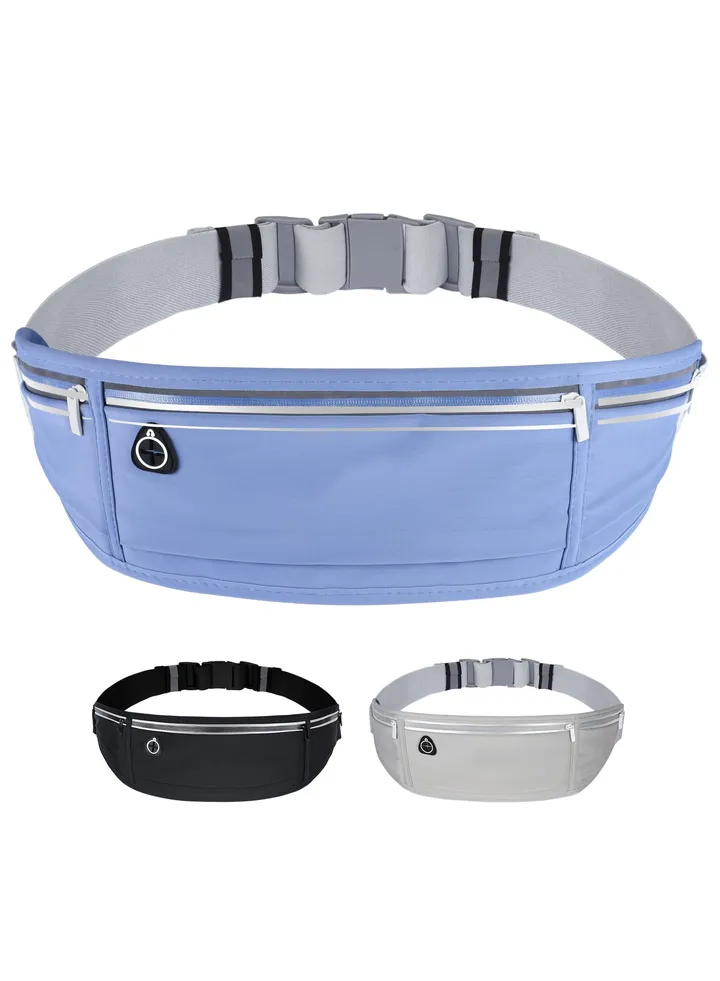 Slim Running Belt for Phone, Workout Fanny Pack for Women Men, Large Capacity Runner Waist Bag with 3 Pouches, No Bounce Running Pouch for Walking, Cycling, Walking, Gym (Pale Blue)