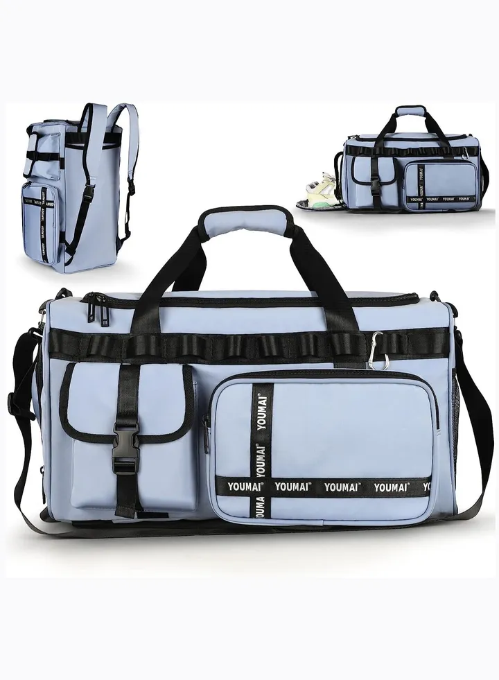 2 in 1 Gym Sports Bag for Men Women, 45L Portable Travel Lightweight Waterproof Sport Bags Luggage Hand Carry Bag for Sports, Gym, Vacation Weekend Travel Bag (Blue)