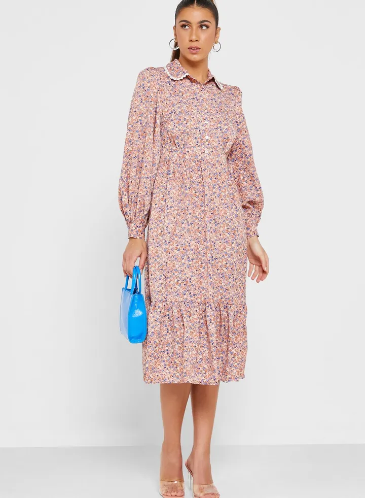 Floral Print Balloon Sleeve Tiered Dress