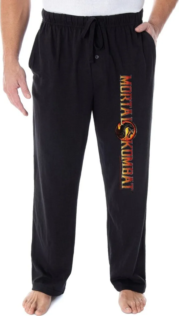 Mortal Kombat Men's Dragon Script Logo Video Game Loungewear Pajama Pants (2XL) Black