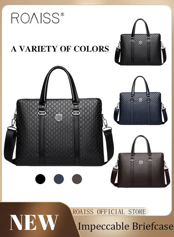 Classic Briefcase Textured Leather Laptop Messenger Bag for Men Travel Business Black