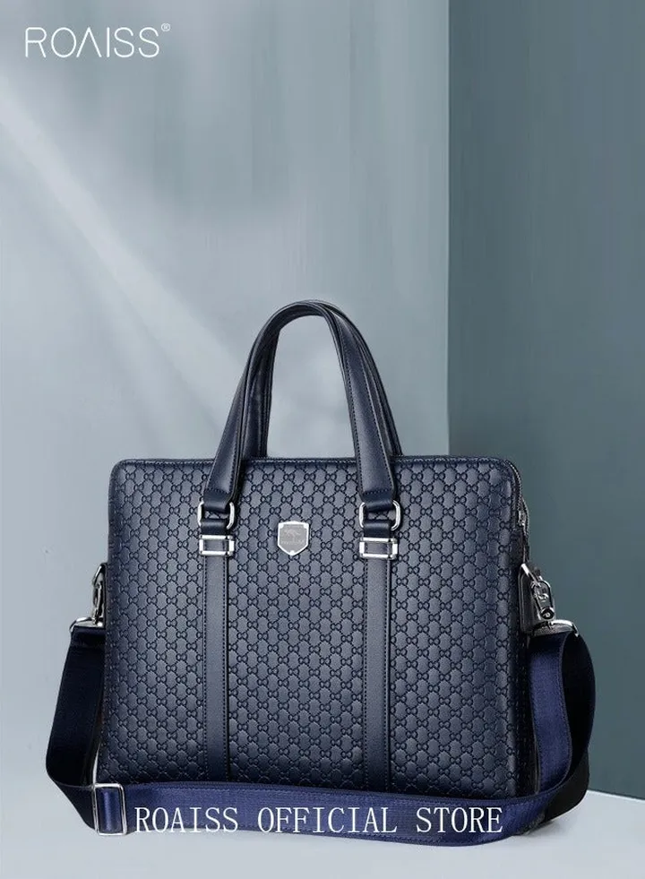 Classic Briefcase Textured Leather Laptop Messenger Bag for Men Travel Business Leather Lawyers Briefcase Shoulder Laptop Slim Bags Dark Blue
