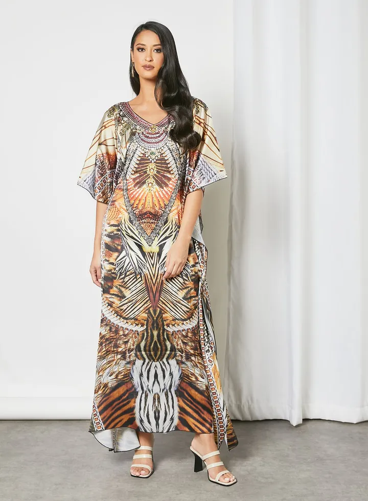 Trendy Modest V-Neck Printed Kaftan Multicolour