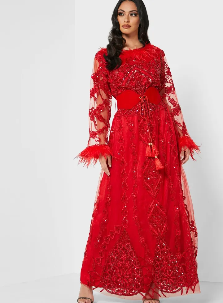 Belted Flute Sleeve Kaftan Red