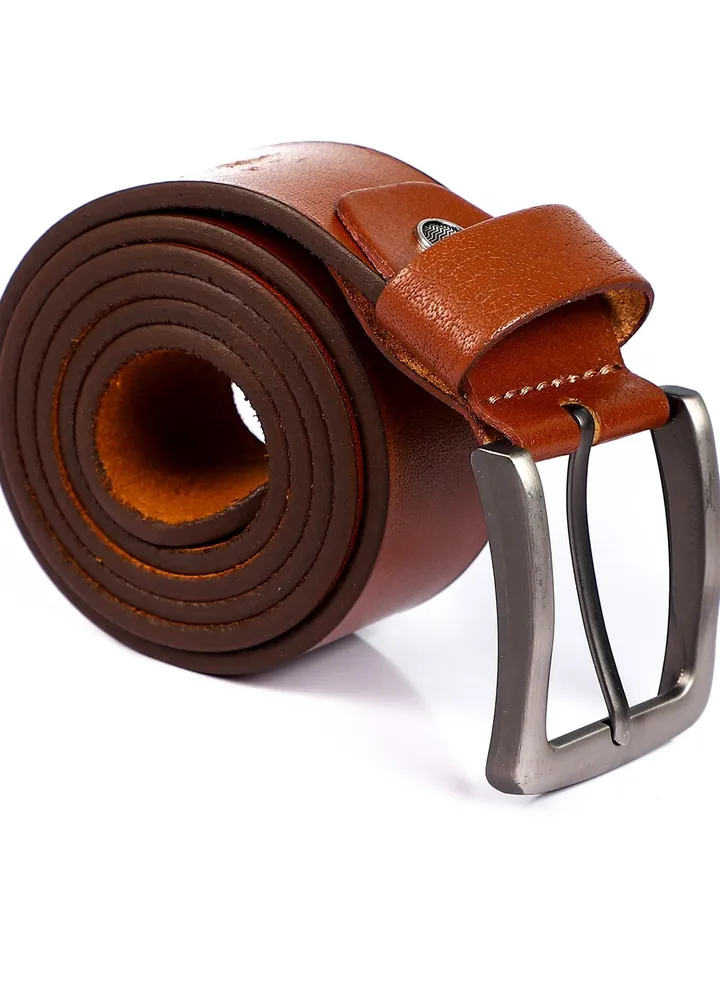 Square Silver Buckled Leather Belt - Havana