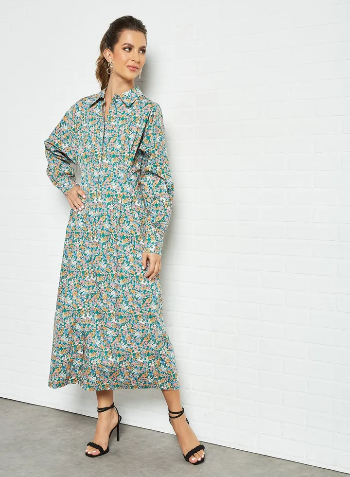 Floral Print Shirt Dress Green