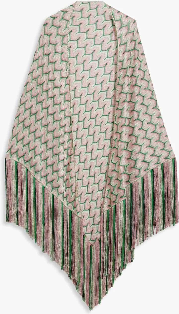 Fringed metallic crochet-knit wrap